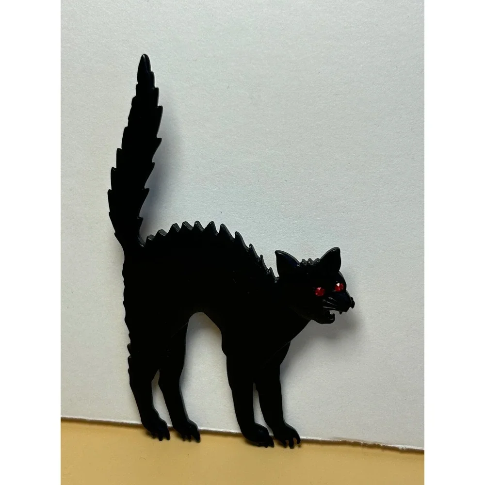 Vintage Black Cat Brooch Red Rhinestone Eyes Halloween Pin JJ Jonette Jewelry